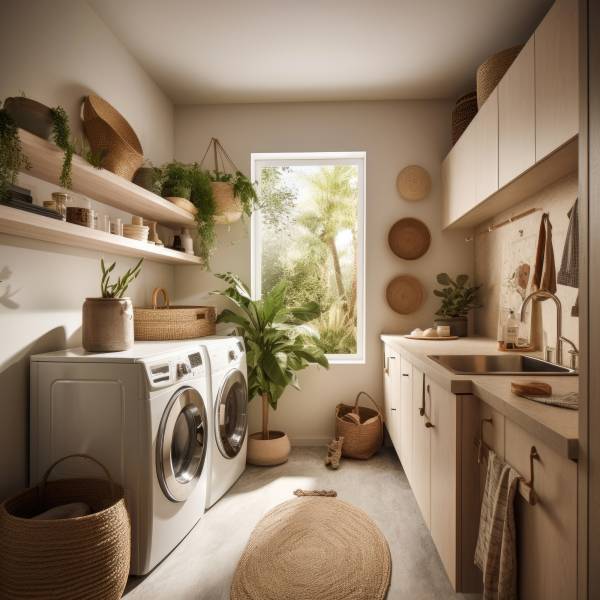 Création de buanderie sur mesure avec placards fermés, plan de travail intégré et colonne lave-linge à Martigues